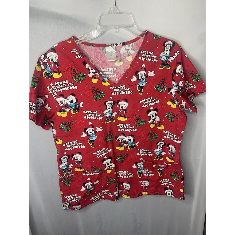 Women's M Disney Mickey Mouse Meet Me Under The Mistletoe Christmas Scrub Nurse